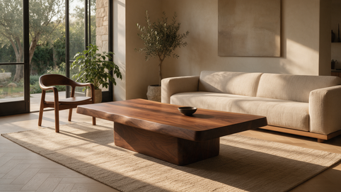 salón con mesa de madera central y decorado con plantas naturales